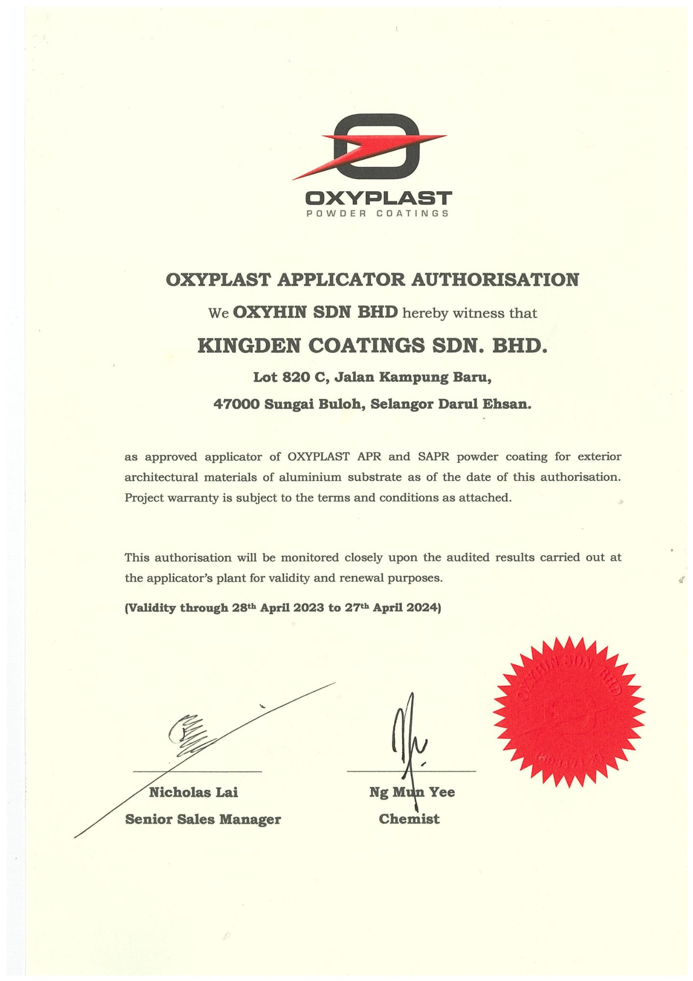 Oxyplast Certificate